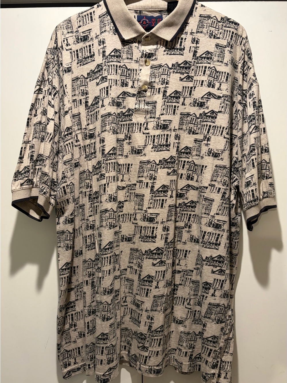 Roundtree & Yorke Sport Beige Polo with Black Architectural Print XXL